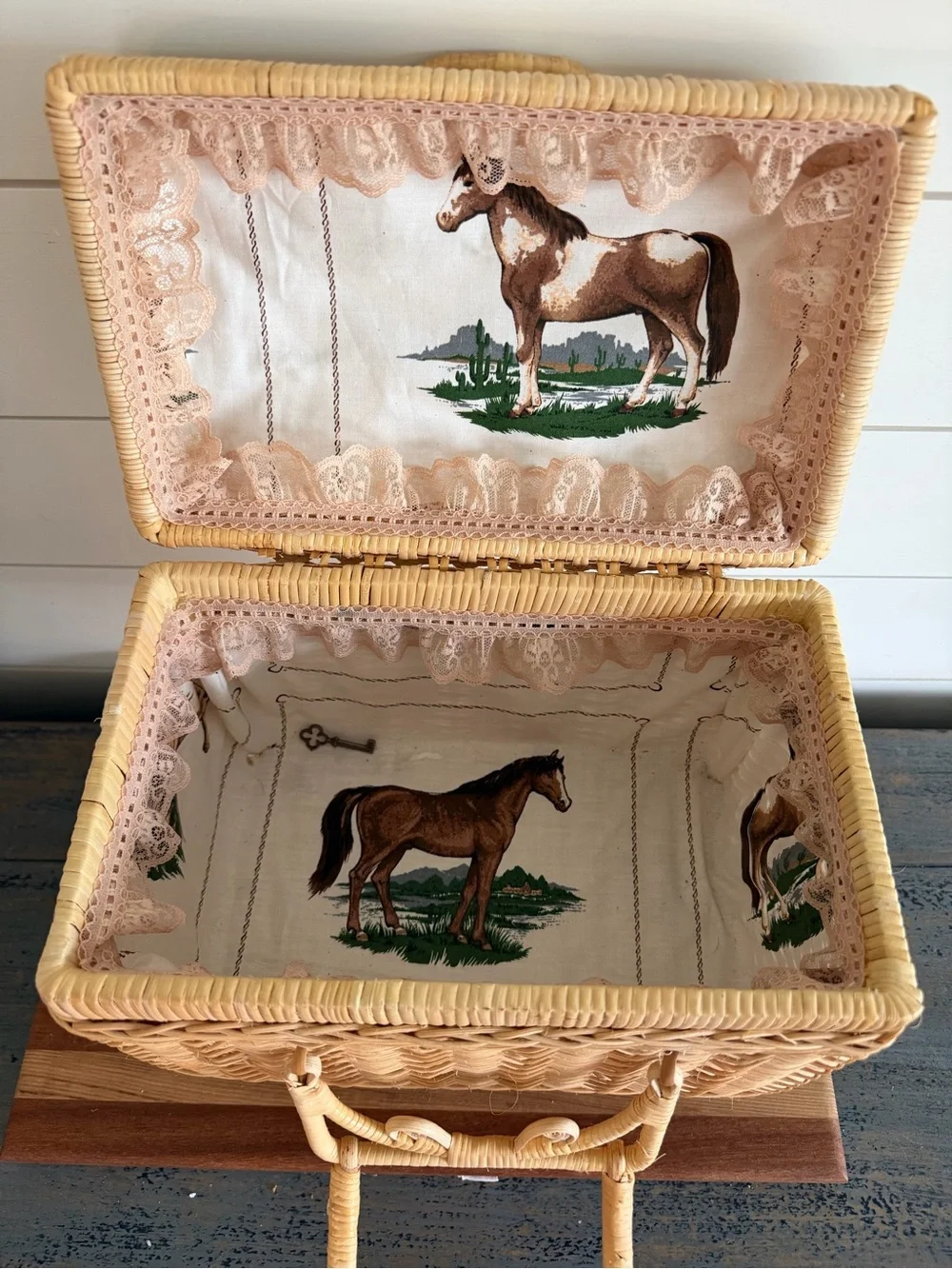 Vintage Rattan Style Basket Horse Motif Interior
